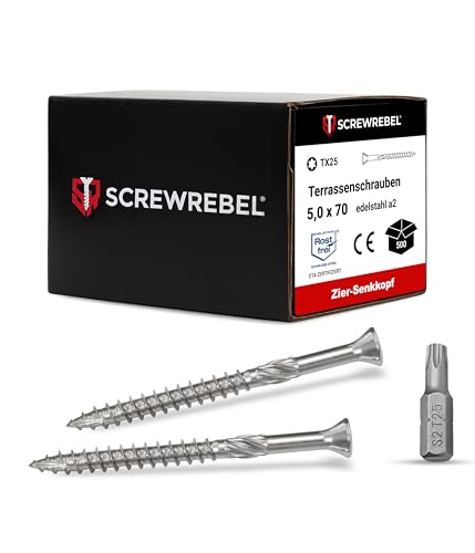 SCREW REBEL Terrassenschraube ST-FIX Edelstahl A2 5,0 x 70mm - 500 Stück inklusive S2-Bit, TX 25, Zier-Senkkopf, Schaftfräser, Sägezahn Gewindeschliff, Cutspitze, Dielenschraube gewachst