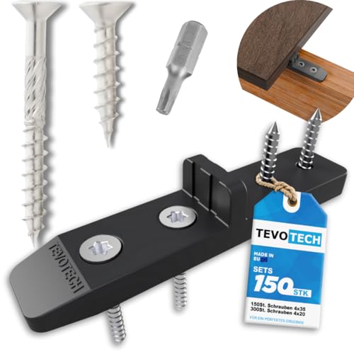 TEVOTECH Terrassenverbinder Set (150 Stück) inkl. Edelstahlschrauben – Unsichtbare Befestigung für Holz-Terrassendielen – Kunststoffclips mit Abstandshalter