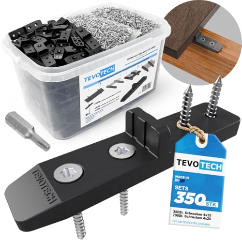 TEVOTECH Terrassenverbinder Set (350 Stück) inkl. Edelstahlschrauben – Unsichtbare Befestigung für Holz-Terrassendielen – Kunststoffclips mit Abstandshalter
